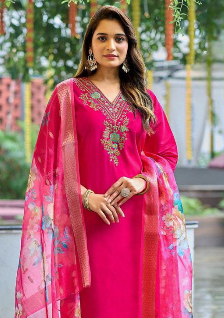 Pink Embroidery Silk Kurti Set - Indya