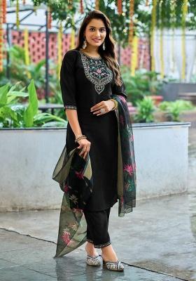 Black Embroidery Silk Kurti Set