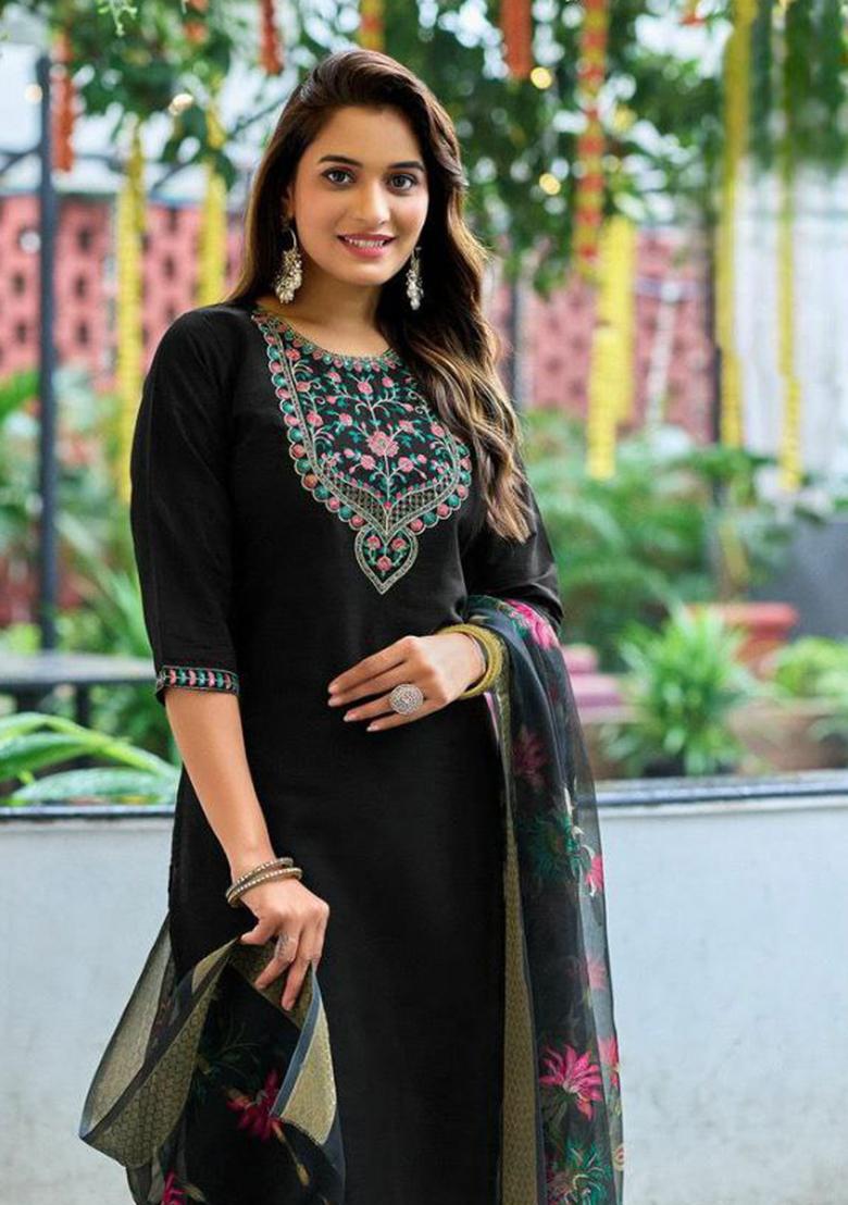 Black Embroidery Silk Kurti Set - Indya