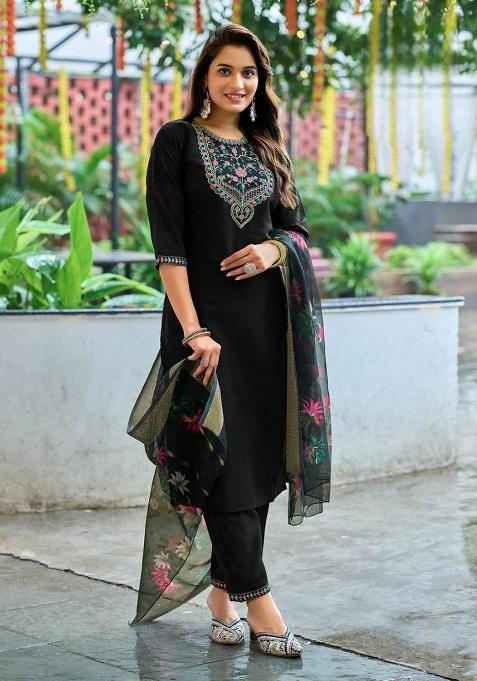 Black Embroidery Silk Kurti Set