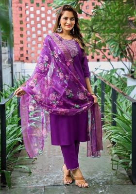Purple Embroidery Silk Kurti Set