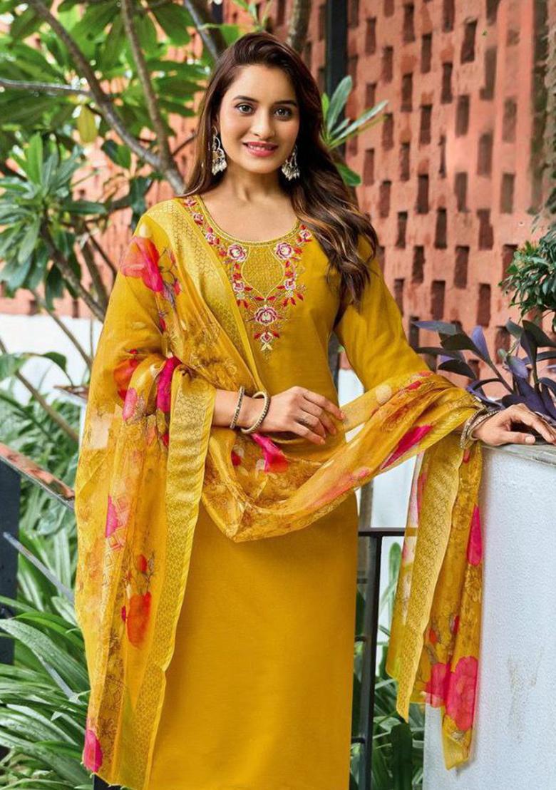 Yellow Embroidery Silk Kurti Set - Indya