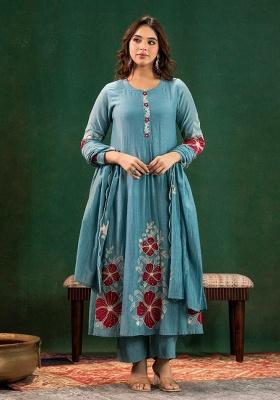 Blue Embroidery Silk Kurti Set