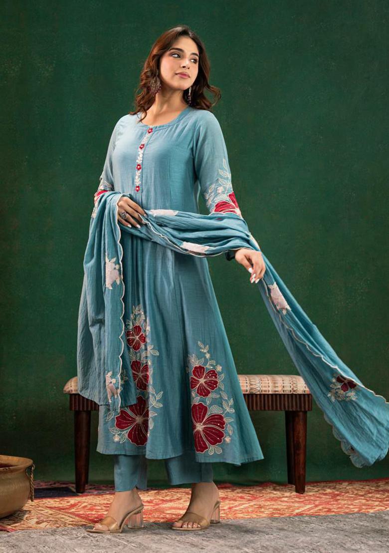 Blue Embroidery Silk Kurti Set - Indya