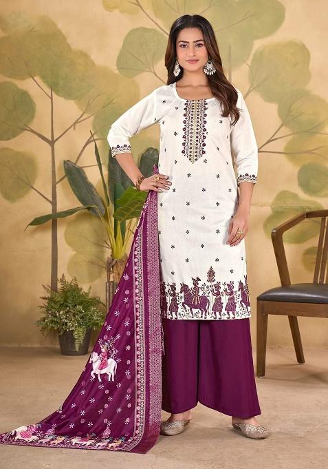 White Embroidery Silk Kurti Set