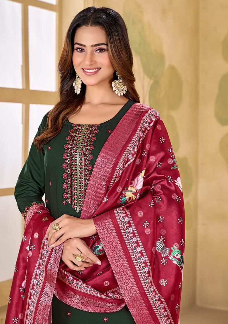 Green Embroidery Silk Kurti Set - Indya