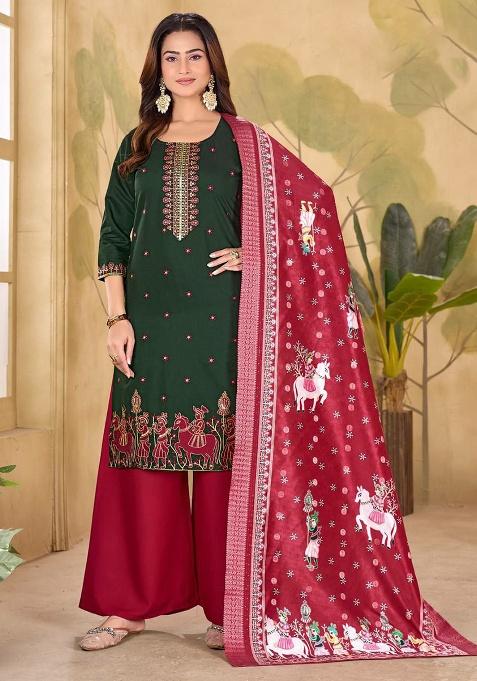 Green Embroidery Silk Kurti Set