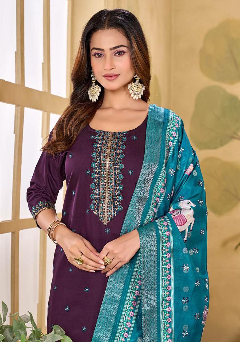 Purple Embroidery Silk Kurti Set - Indya