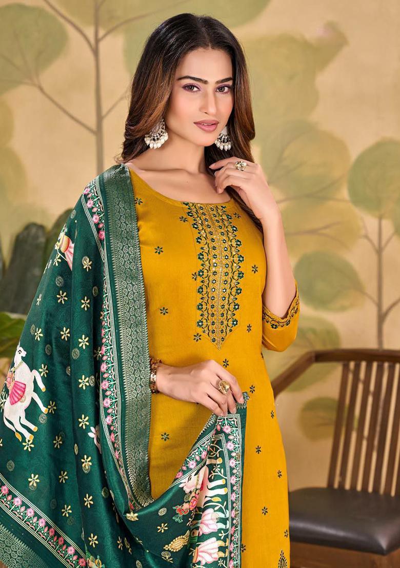 Yellow Embroidery Silk Kurti Set - Indya