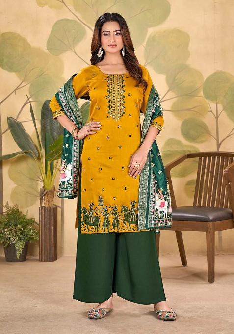 Yellow Embroidery Silk Kurti Set