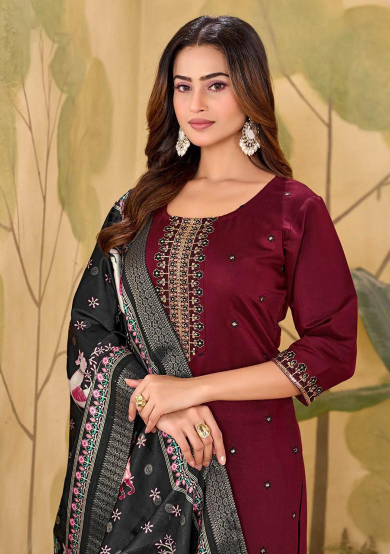 Maroon Embroidery Silk Kurti Set - Indya