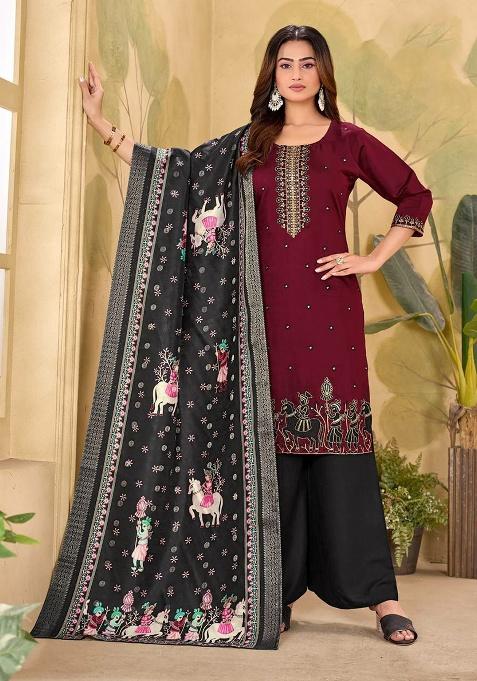 Maroon Embroidery Silk Kurti Set