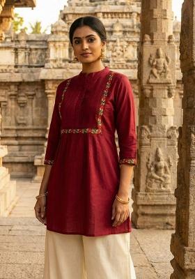Red Embroidery Heavy Rayon Kurti Set