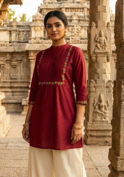 Red Embroidery Heavy Rayon Kurti Set