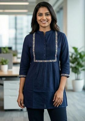 Blue Embroidery Heavy Rayon Kurti Set