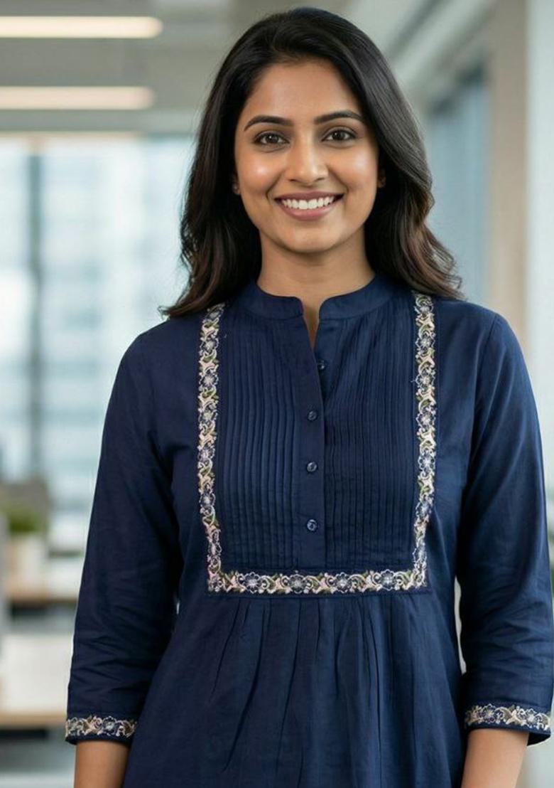 Blue Embroidery Heavy Rayon Kurti Set - Indya