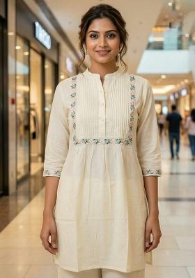 White Embroidery Heavy Rayon Kurti Set
