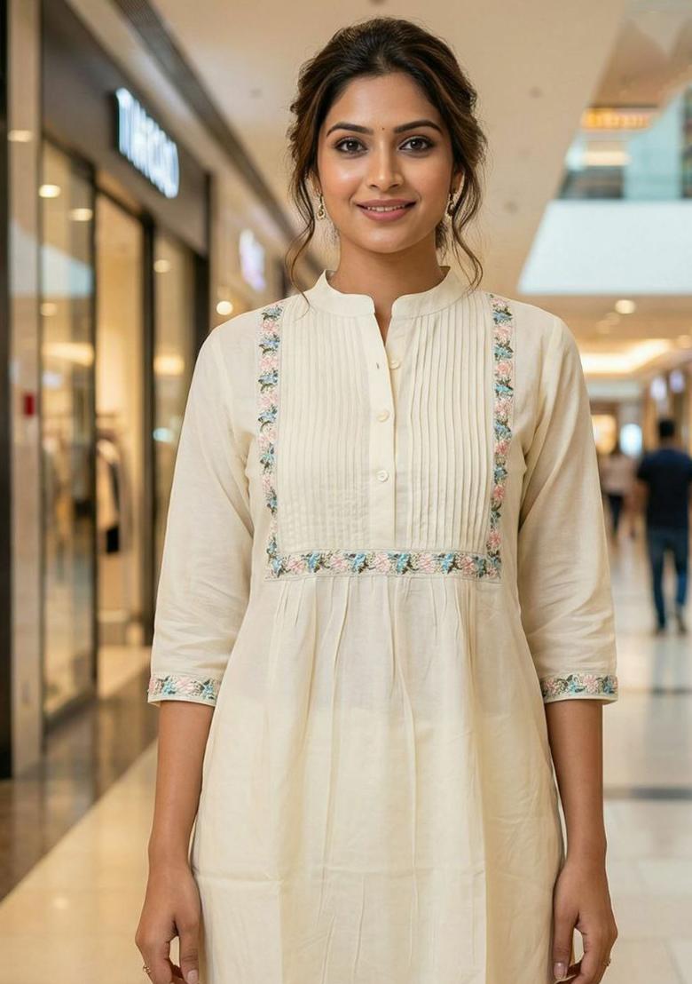 White Embroidery Heavy Rayon Kurti Set - Indya