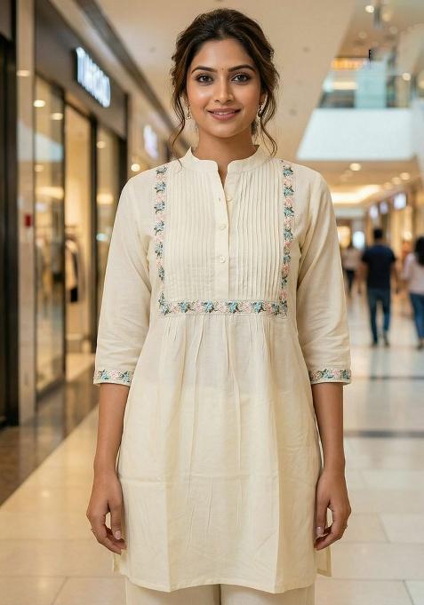 White Embroidery Heavy Rayon Kurti Set