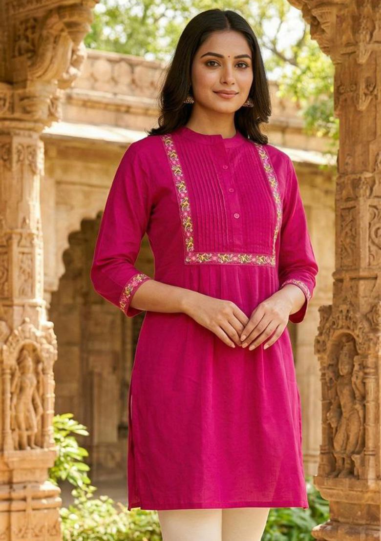 Pink Embroidery Heavy Rayon Kurti Set - Indya