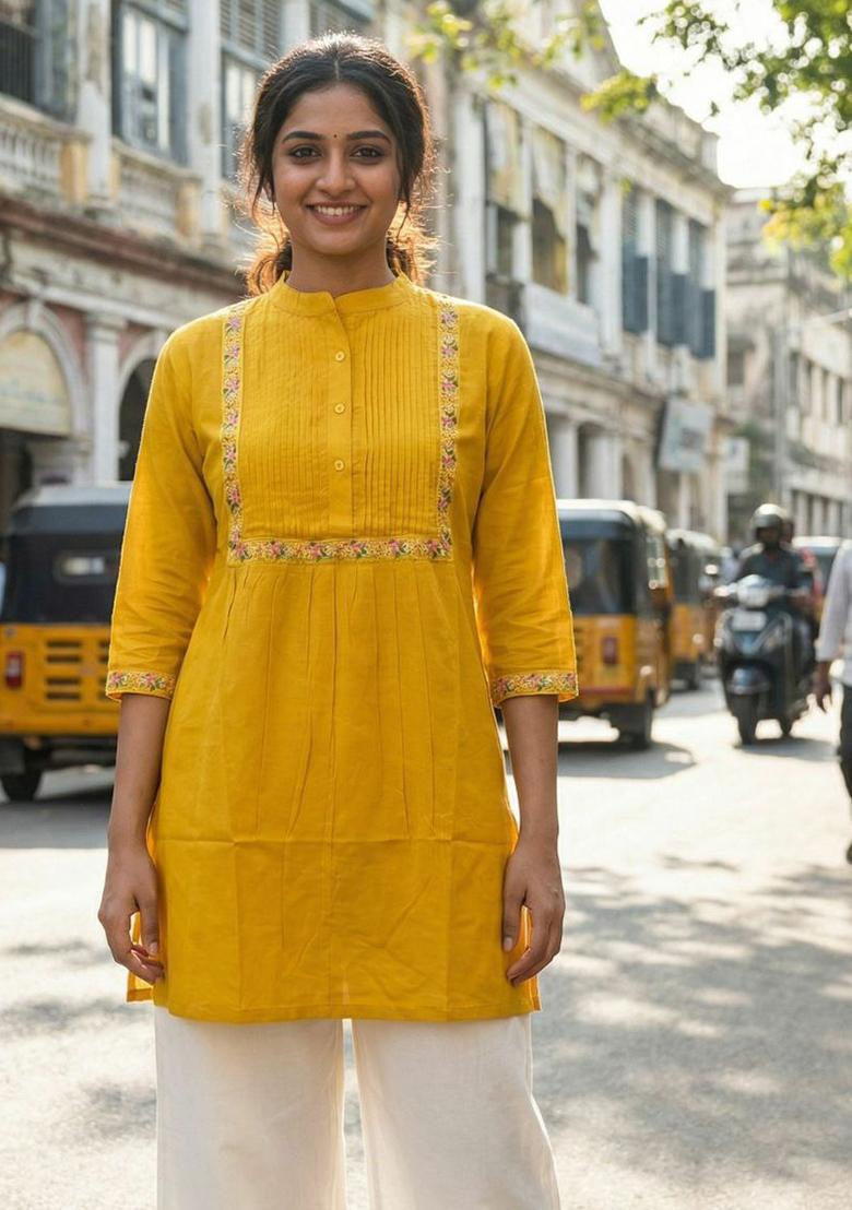 Yellow Embroidery Heavy Rayon Kurti Set - Indya
