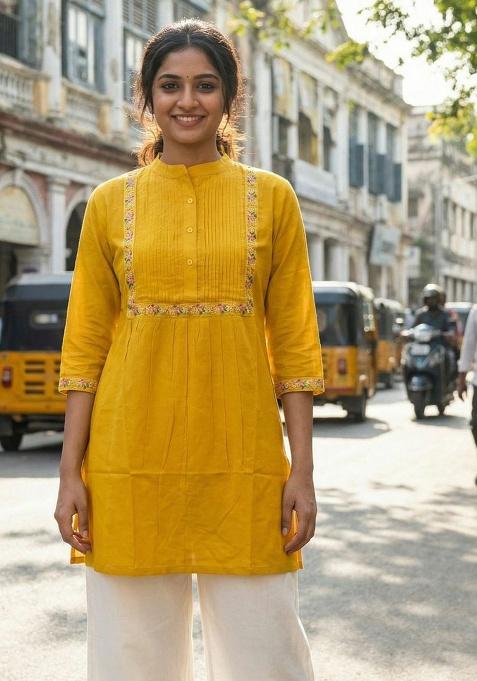 Yellow Embroidery Heavy Rayon Kurti