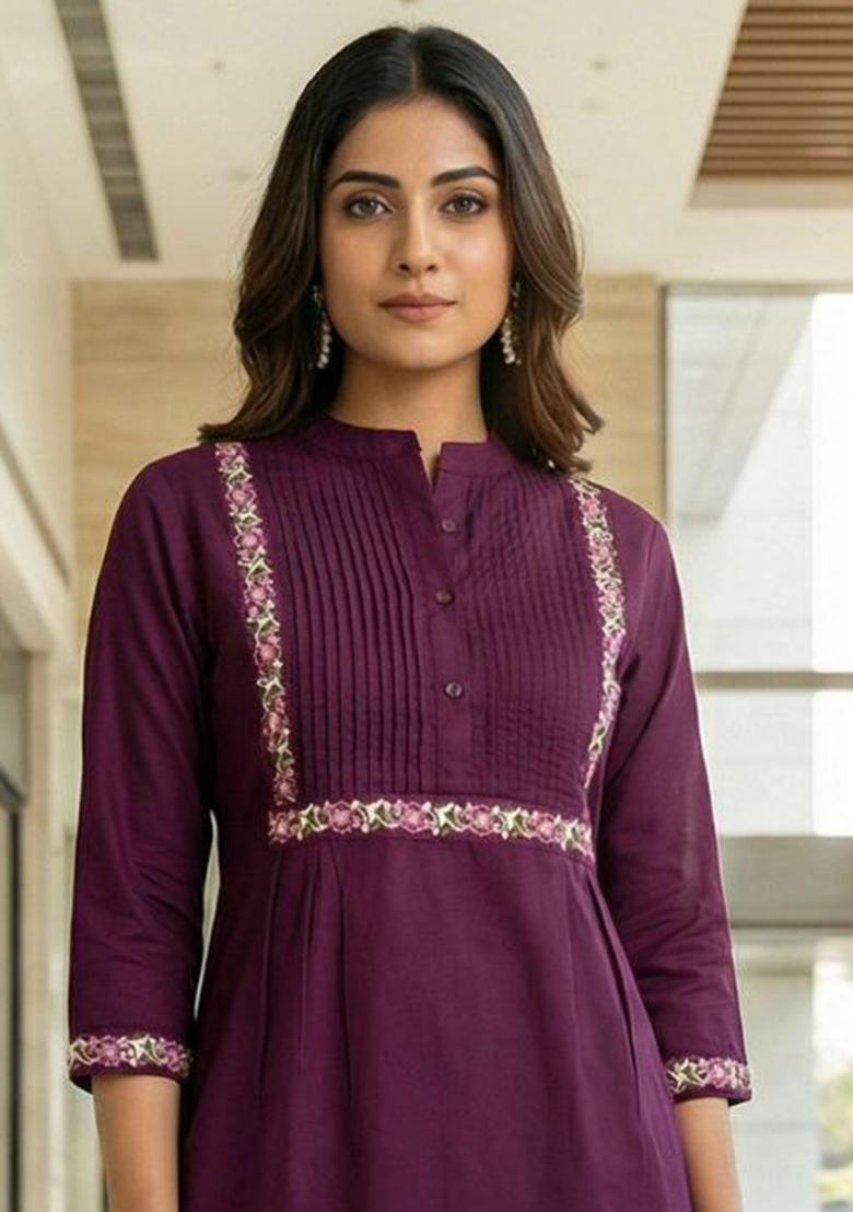 Purple Embroidery Rayon Kurti Set - Indya