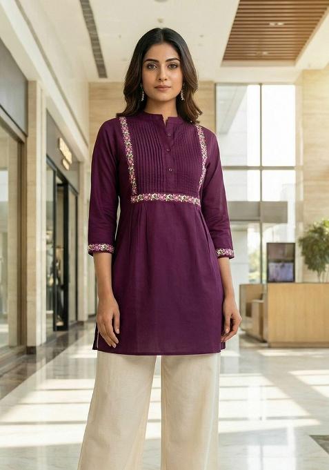 Purple Embroidery Rayon Kurti Set