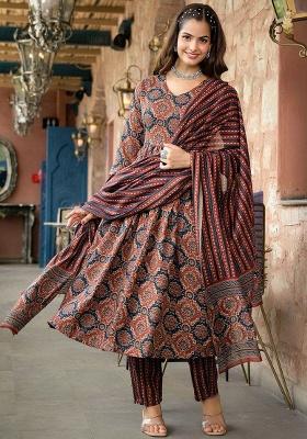 Brown Embroidery Rayon Kurti Set
