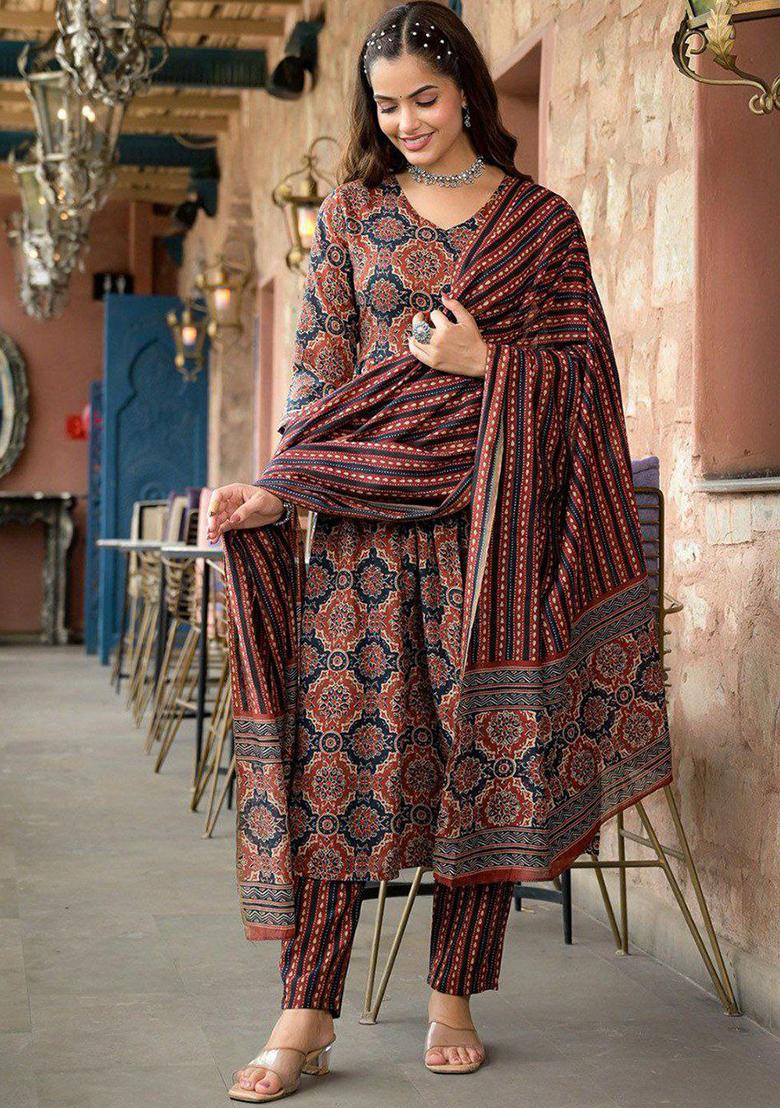 Brown Embroidery Rayon Kurti Set - Indya