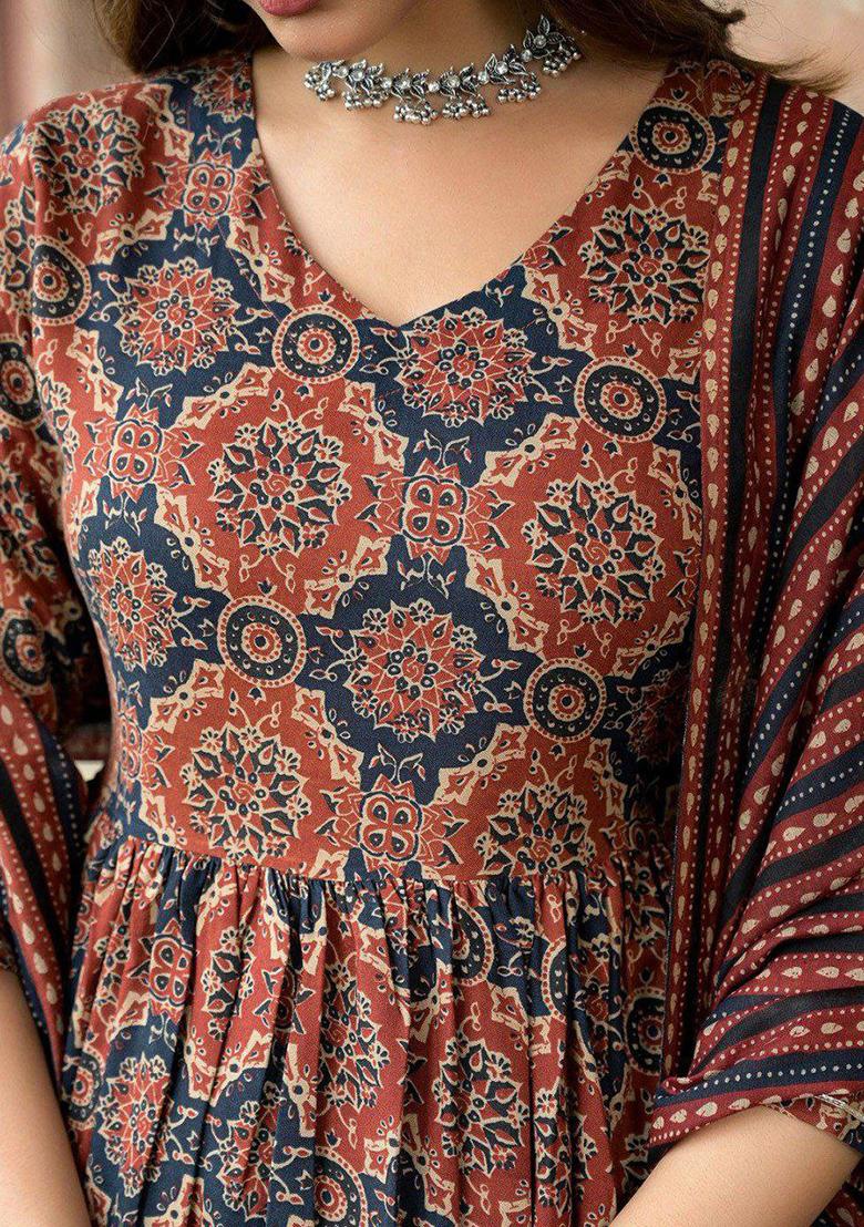 Brown Embroidery Rayon Kurti Set - Indya