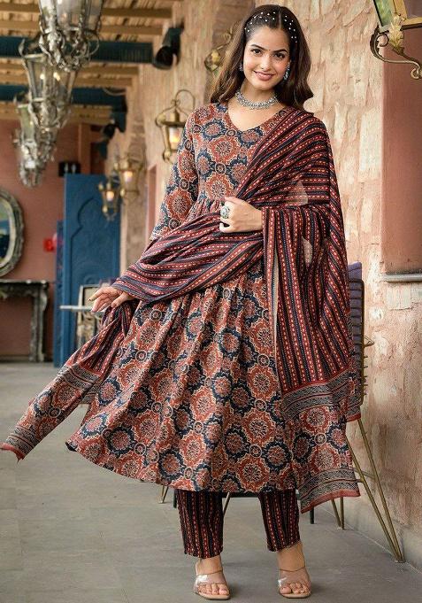 Brown Embroidery Rayon Kurti Set