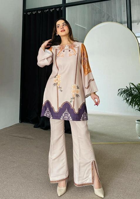 Beige Embroidery Rayon Kurti Set