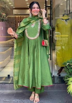 Green Embroidery Silk Kurti Set