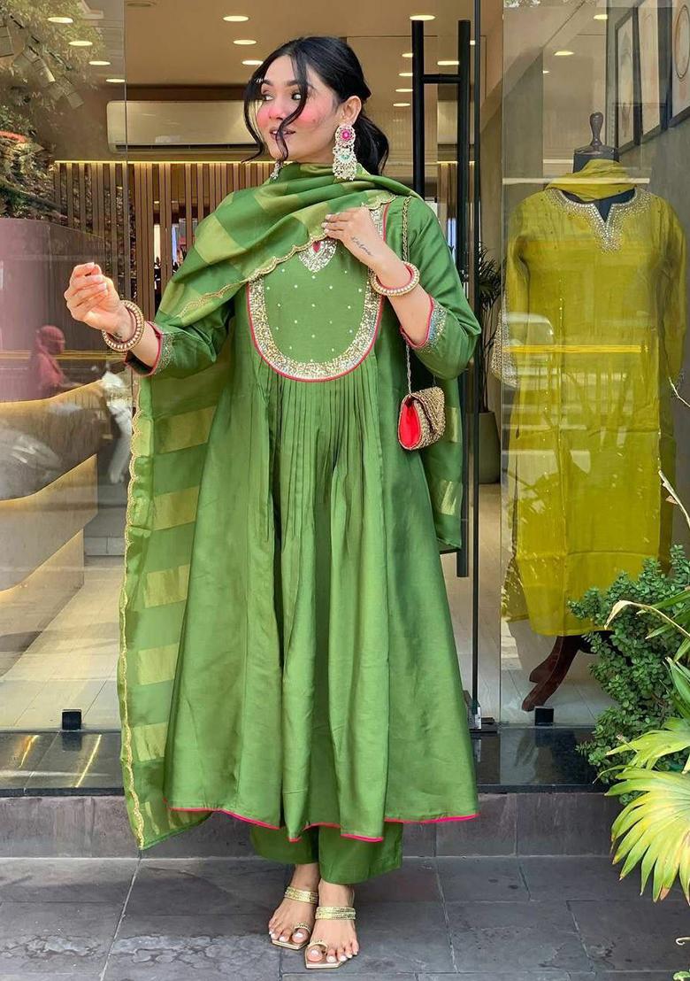 Green Embroidery Silk Kurti Set - Indya
