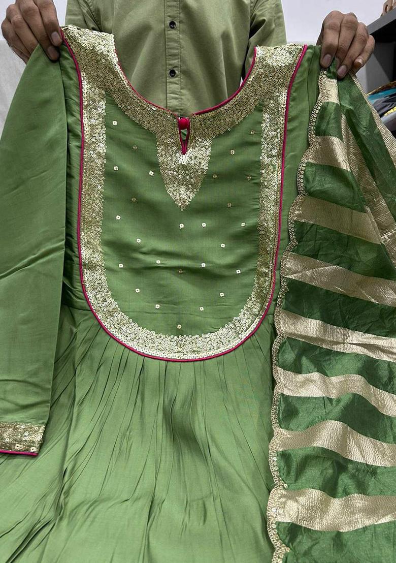 Green Embroidery Silk Kurti Set - Indya