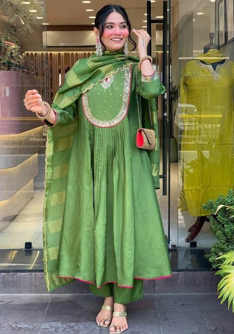 Green Embroidery Silk Kurti Set