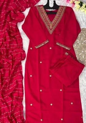 Red Embroidery Silk Kurti Set