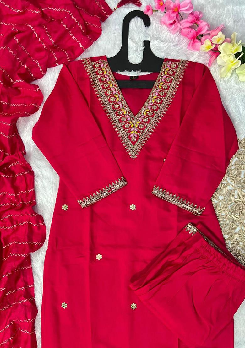 Red Embroidery Silk Kurti Set - Indya