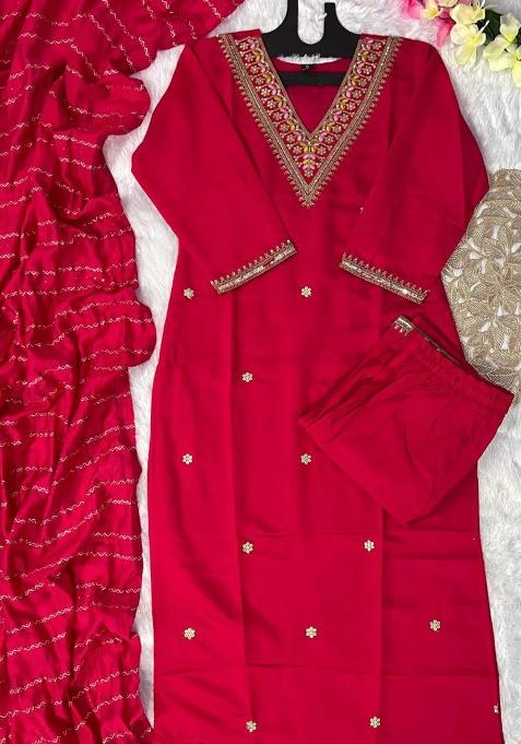 Red Embroidery Silk Kurti Set