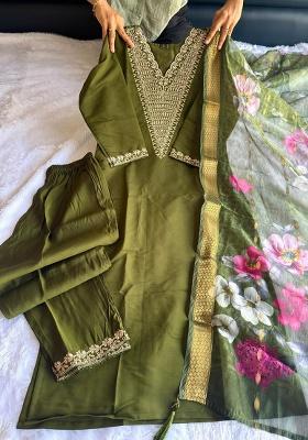 Green Embroidery Silk Kurti Set