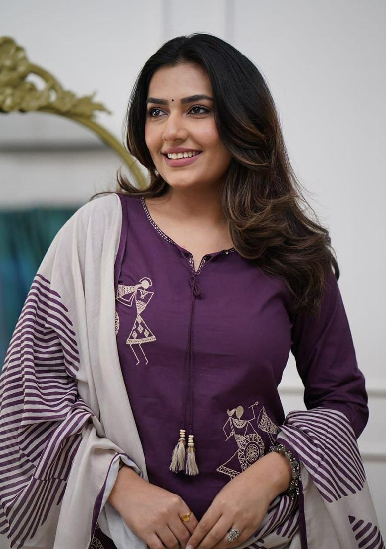 Purple Embroidery Viscose Reyon Kurti Set - Indya