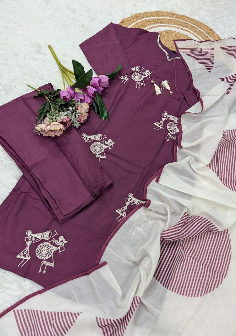 Purple Embroidery Viscose Reyon Kurti Set - Indya