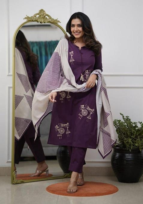Purple Embroidery Viscose Reyon Kurti Set