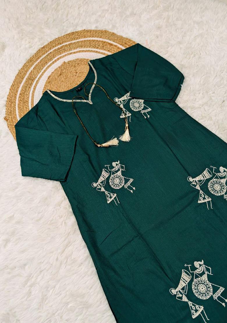 Green Embroidery Viscose Reyon Kurti Set - Indya