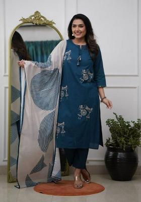 Blue Embroidery Viscose Reyon Kurti Set
