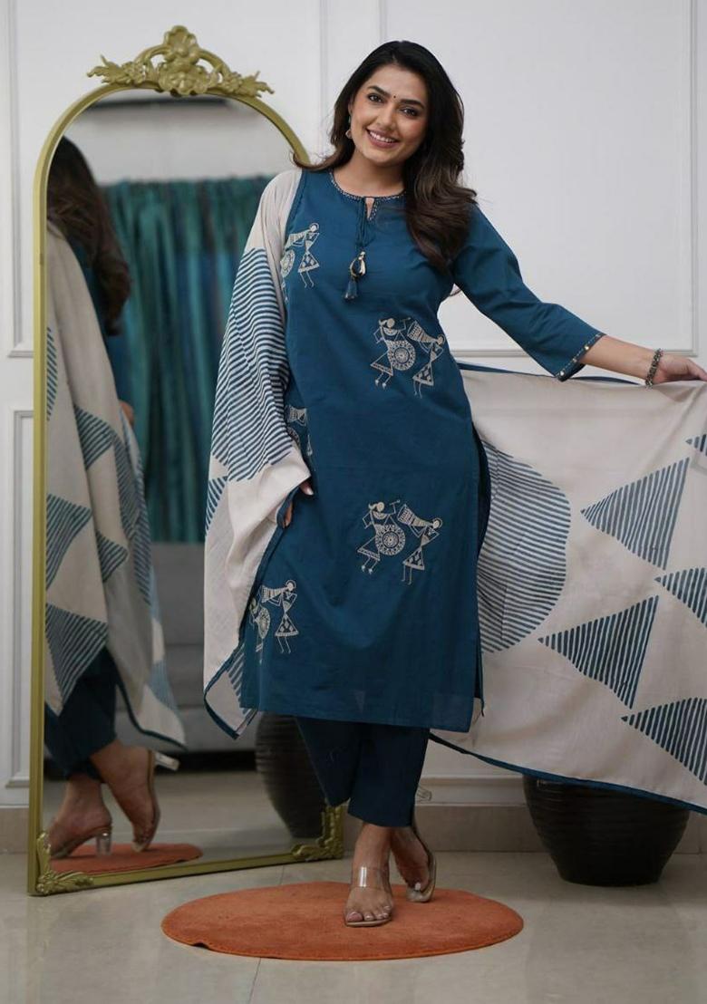 Blue Embroidery Viscose Reyon Kurti Set - Indya