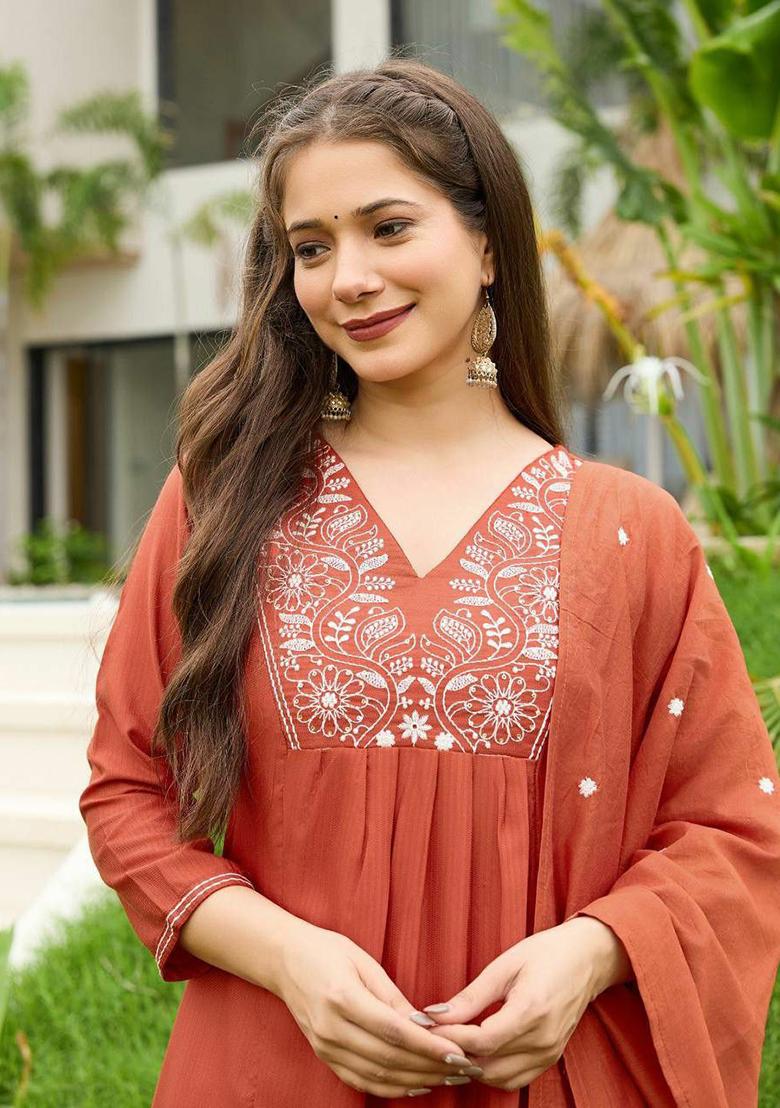 Orange Embroidery Rayon Kurti Set - Indya