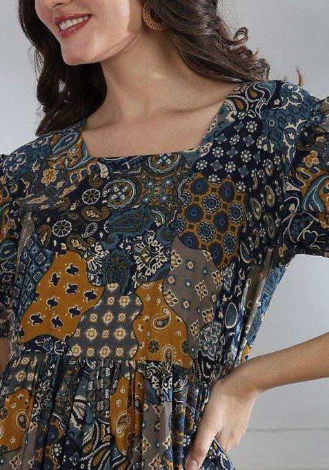 Blue Embroidery Cotton Kurti Set