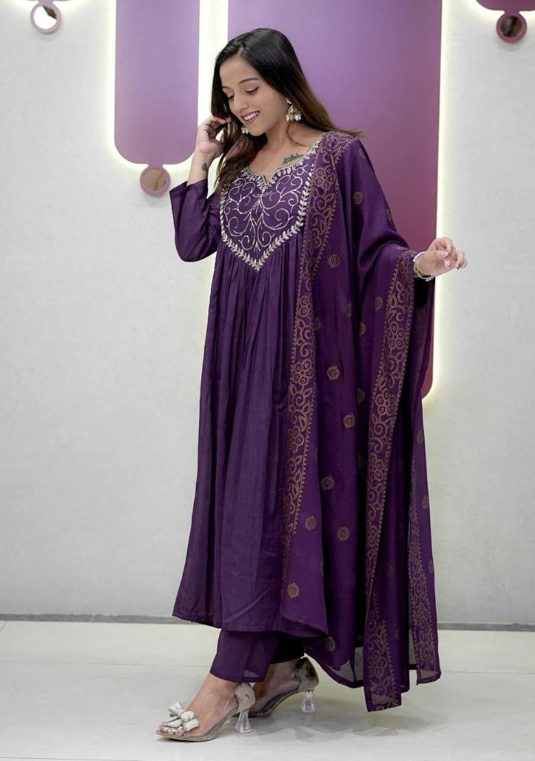 Purple Embroidery Silk Kurti Set - Indya